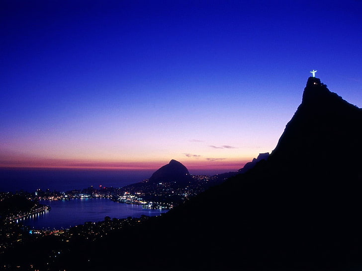 town, lights, mountains, Rio de Janeiro, sky, architecture