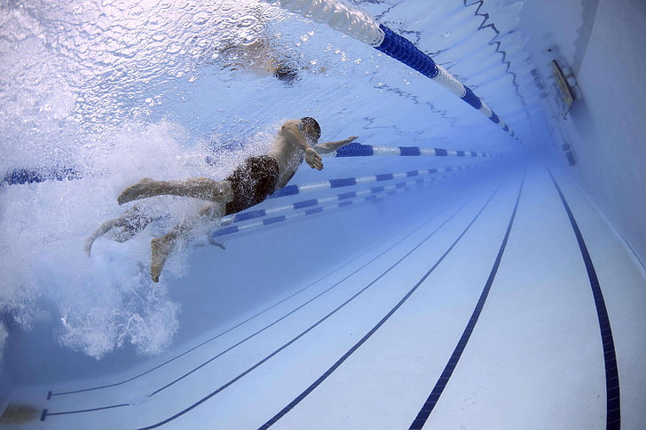 blue, competition, competitors, style, pool, race, speed, splash, HD wallpaper