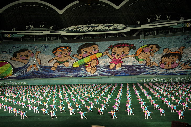 gymnastics, people, stadium, Pyongyang, North Korea, crowds