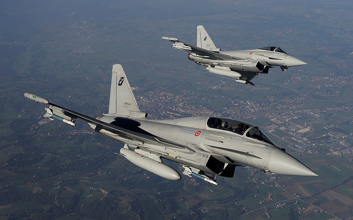 two gray aircrafts, Eurofighter Typhoon, jet fighter, airplane