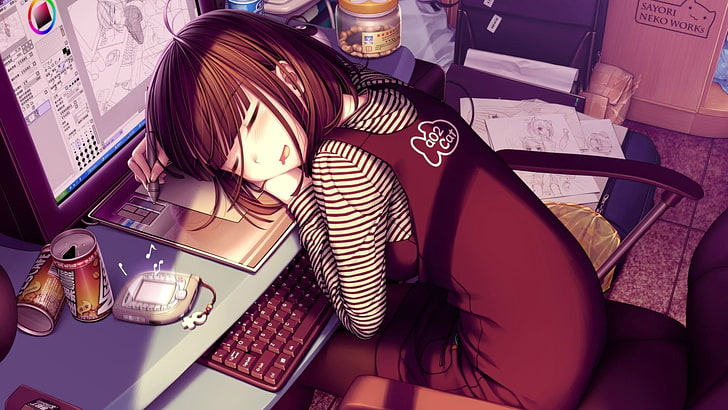 anime girls, Sayori, brunette, computer, graphics tablets, sleeping, HD wallpaper