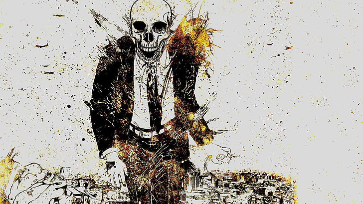 skull head illustration, fire, Alex Cherry, artwork, indoors