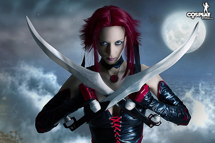 cosplay, women, redhead, sword, leather clothing, leather vest