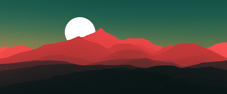 red and black mountains with white moon illustration, minimalism