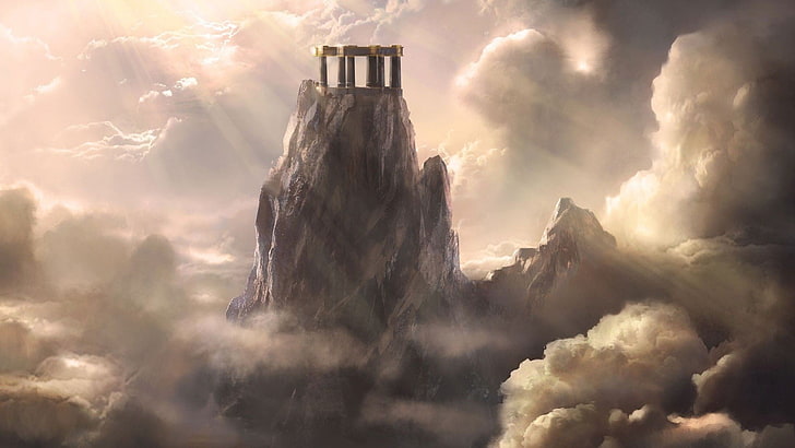 gray mountain, fantasy art, cloud - sky, fog, nature, architecture