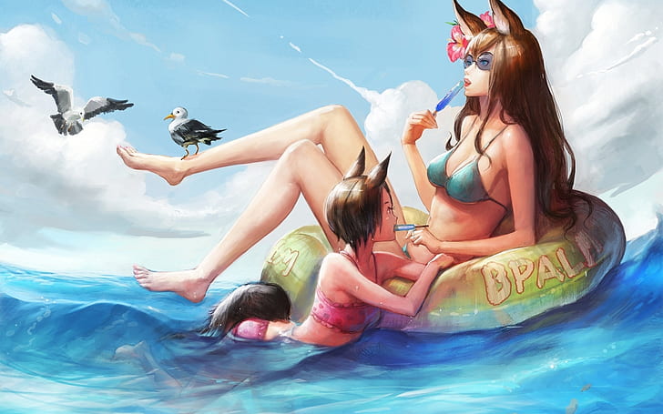 Sexy Fox Anime Girls Art, women in blue and pink bikini on sea illustration