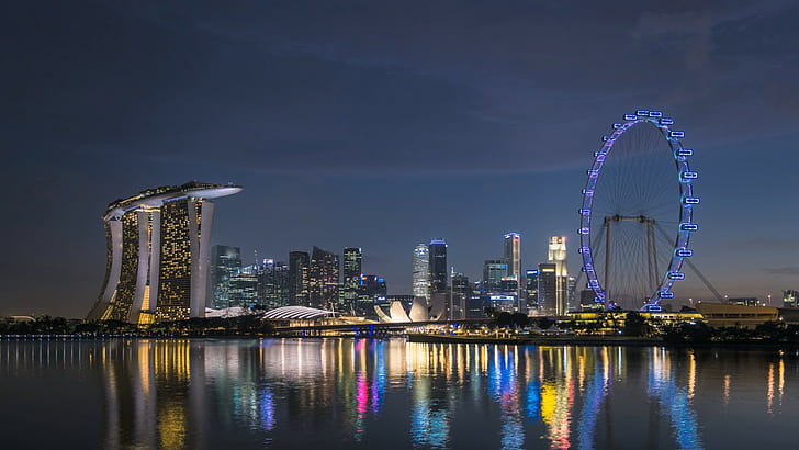 Marina Bay, skyline, ferris wheel, Singapore, reflection, HD wallpaper