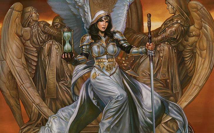 woman sitting on throne illustration, weapons, picture, Stoic angel