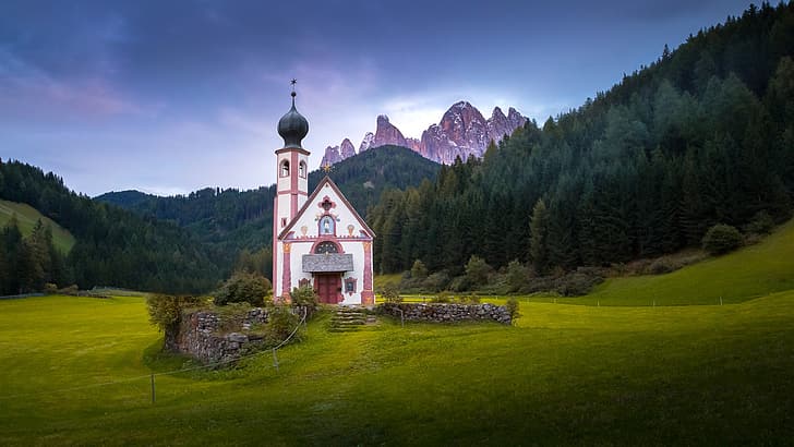 forest, mountains, valley, Italy, Church, chapel, The Dolomites, HD wallpaper