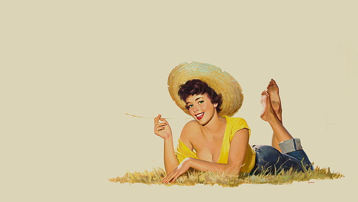 women's yellow scoop-neck top, girl, hat, lies, pin up, summer