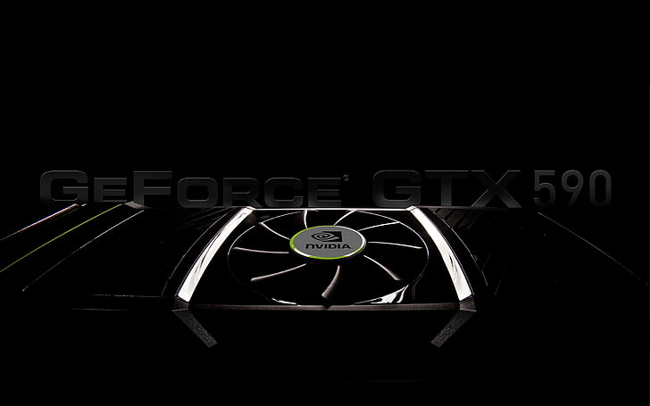 black GeForce GTX 590 graphics card, video card, model, cooler, HD wallpaper