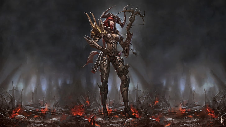 woman holding crossbow illustration, Diablo III, Demon Hunter, HD wallpaper