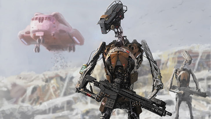 black and gray robot holding rifle, science fiction, day, nature, HD wallpaper