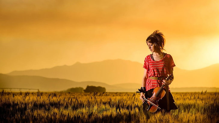 Lindsey Stirling, musical instrument, women, celebrity, sunset