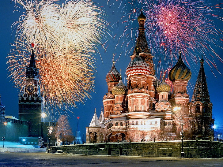 St. Basil's Cathedral, Moscow, Russia, fireworks, night, architecture
