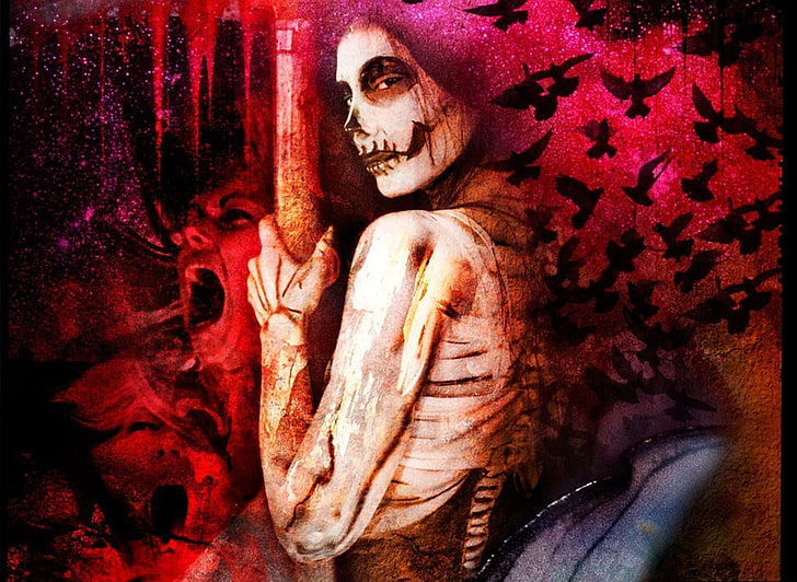 calavera woman illustration, horror, Sugar Skull, face, fantasy art