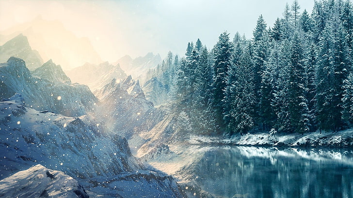 rocky mountain illustration, nature, snow, lake, trees, winter