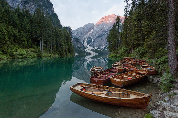 brown and black wooden boat, landscape, river, forest, mountains