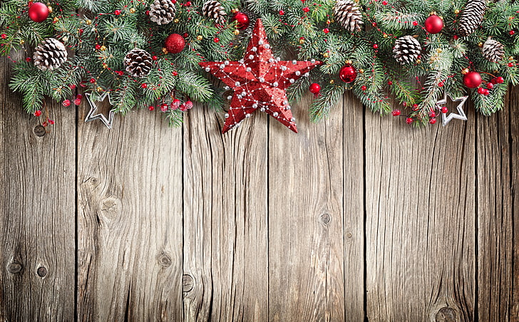 red barnstar and Christmas wall decor, New Year, balls, wood, HD wallpaper