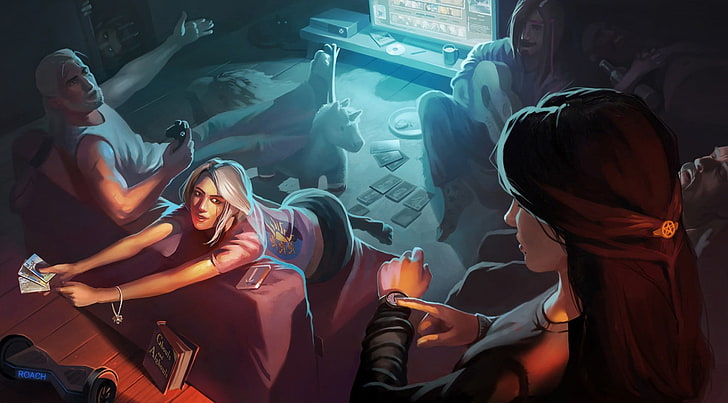 four men and women inside room illustration, video games, Gwent