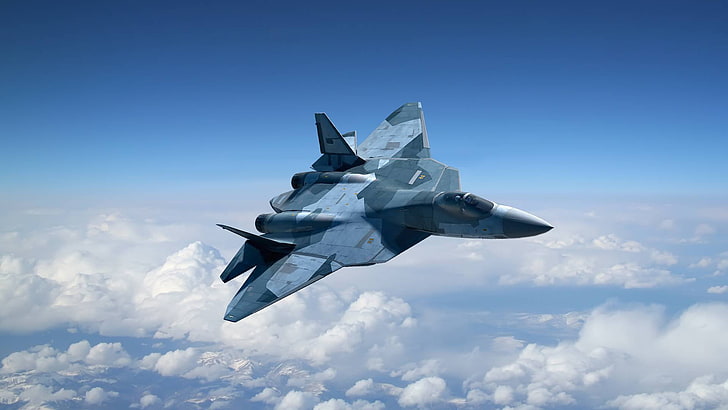 gray, green, and black camouflage fighter jet, figure, T-50, PAK FA