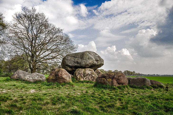 branches, dolmen, nature, stones, tree, sky, cloud - sky, solid