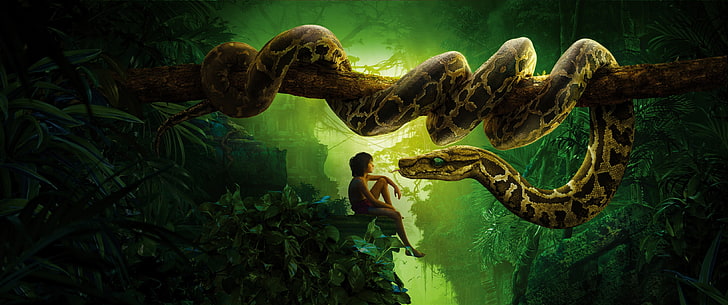 Jungle Book, Kaa, Mowgli, Snake, plant, green color, nature, HD wallpaper