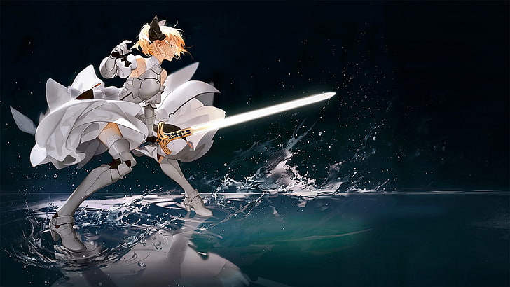 reflection, Saber Lily, anime girls, women with swords, dress, HD wallpaper