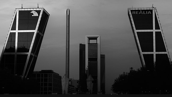 grayscale photo of high-rise building, city, Madrid, capital, HD wallpaper