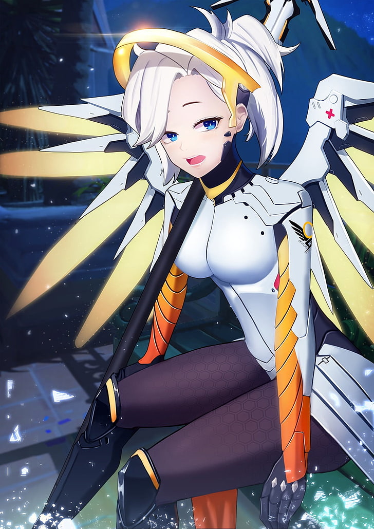 woman holding weapon illustration, anime, anime girls, Mercy (Overwatch), HD wallpaper