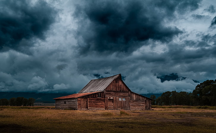 Dark Storm Clouds, brown house, Vintage, Nature, Landscape, Cabin