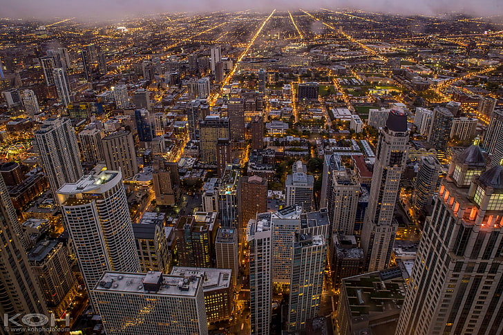 aerial, art, buildings, chicago, cityscape, dusk, johm hancock, HD wallpaper