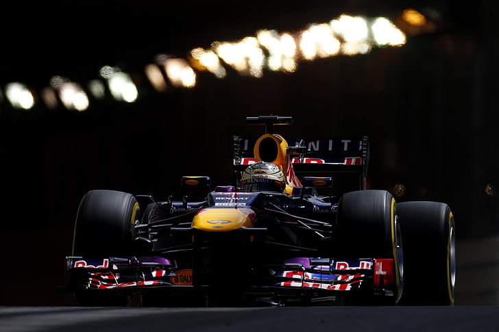 Red Bull RB9, seb mark monaco second row, car, illuminated, night, HD wallpaper