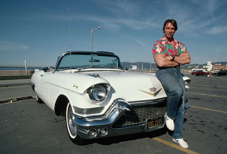 classic white coupe, machine, man, Actor, Arnold Schwarzenegger