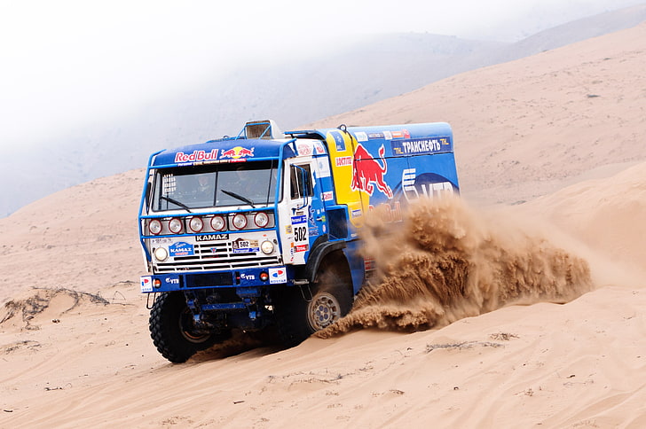 blue and red Red Bull truck, Sand, Fog, Desert, Rally, Rally-marathon, HD wallpaper