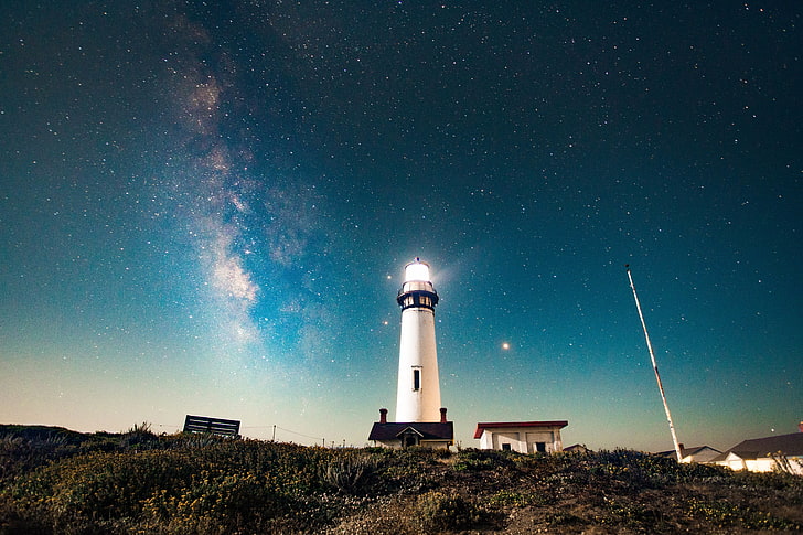 white lighthouse, space, stars, nature, night, guidance, tower, HD wallpaper