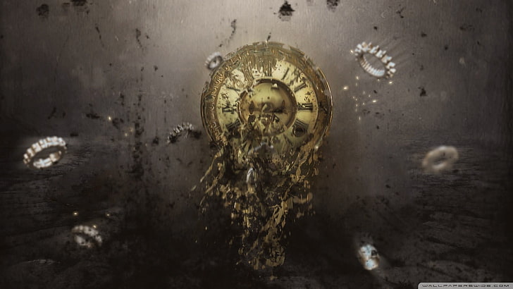 round gold clock digital illustration, clocks, surreal, indoors