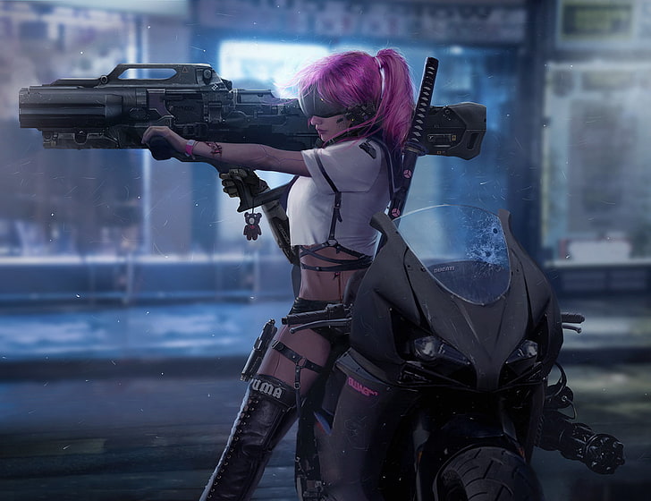 digital art, women, pink hair, motorcycle, weapon, science fiction