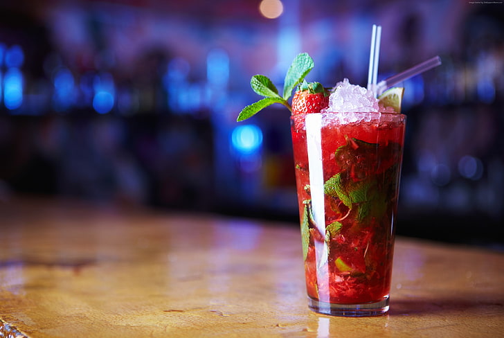 mint, strawberry, mojitos, ice, cocktails, refreshment, food and drink, HD wallpaper
