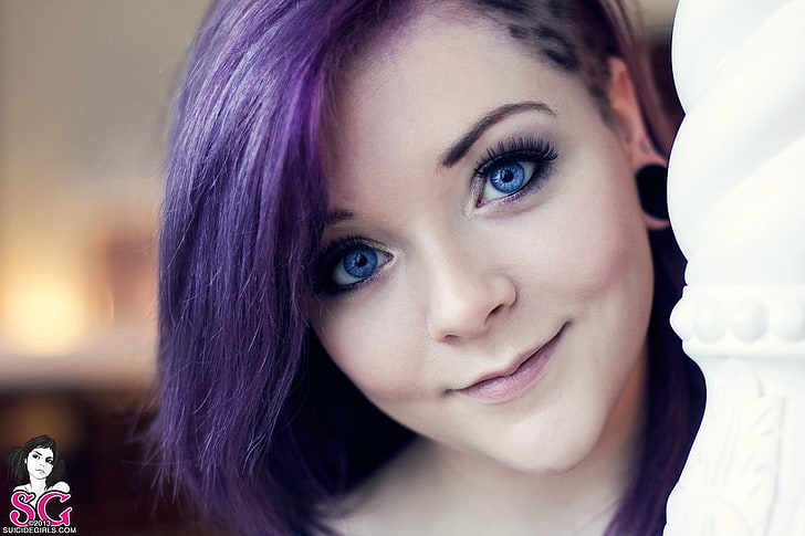 pair of black ear gauge earrings, purple hair, blue eyes, Suicide Girls