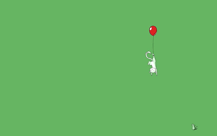 white cat floating with helium balloon digital wallpaper, minimalism, HD wallpaper