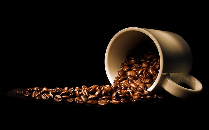 coffee bean lot and white mug, drink, cup, coffee beans, black background, HD wallpaper