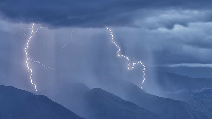 nature landscape hill mountain rain storm clouds lightning minimalism blue, HD wallpaper