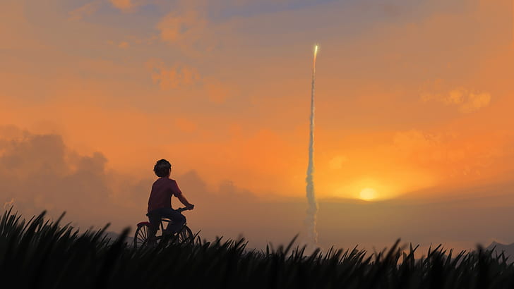 Sunset, The sun, Boy, Rocket, Bike, Art, Start, Illustration, HD wallpaper