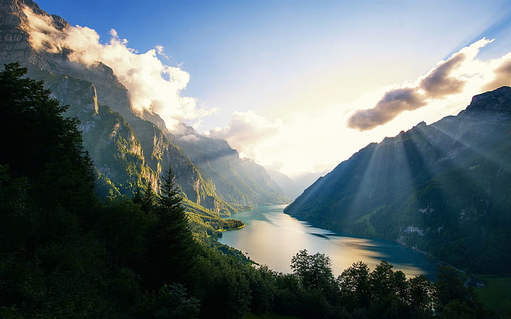 Klontalersee, mountains, trees, lake, clouds, sun rays, Switzerland, HD wallpaper