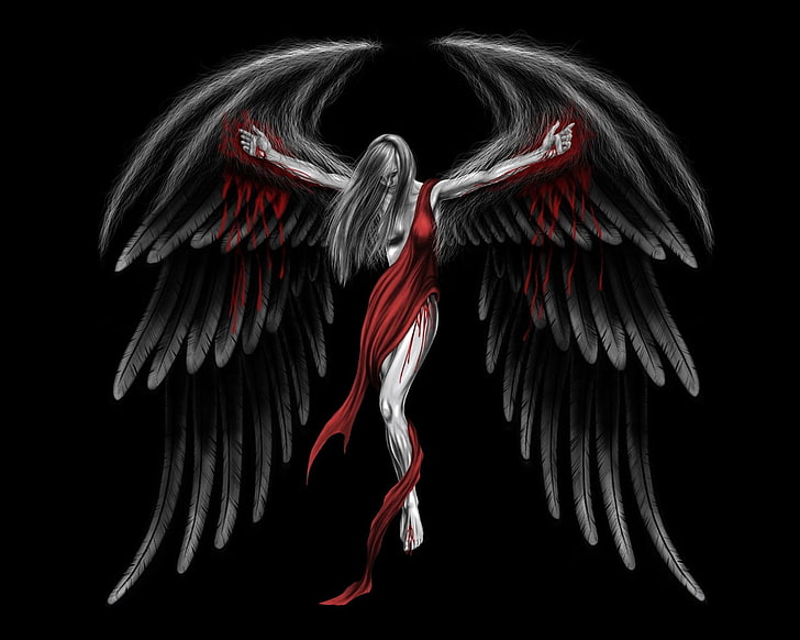 woman with black wings wearing red dress graphic wallpaper, angel