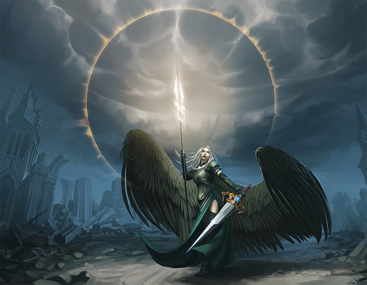woman with wings holding sword digital wallpaper, angel, fantasy art