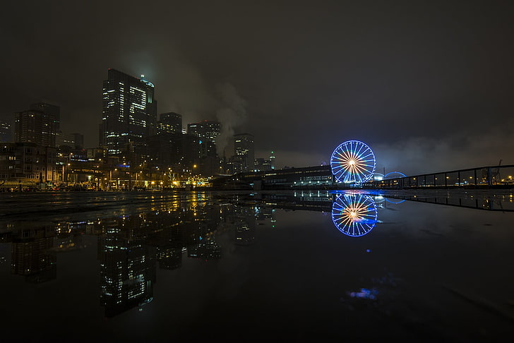 blue ferris wheel, cityscape, night, reflection, city lights
