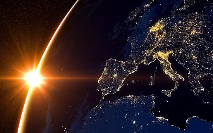 Sun And Earth From Space Europe Night Hd Wallpaper, HD wallpaper