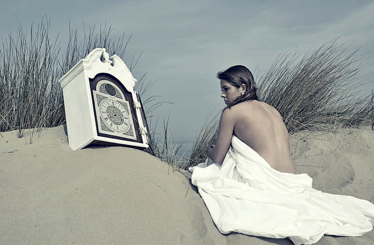 sand, women outdoors, model, strategic covering, beach, time, HD wallpaper
